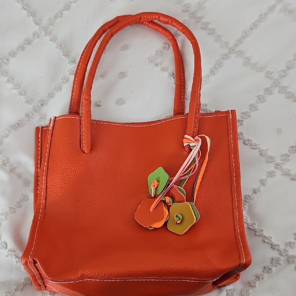 Orange Faux Leather Tote Bag